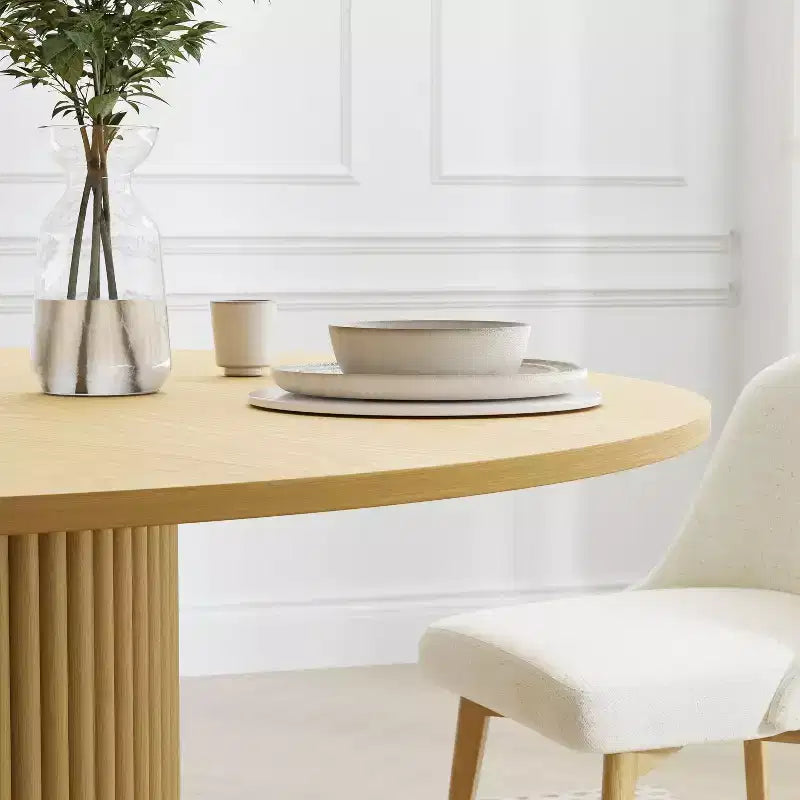 60" Round Solid Wood Dining Table - Seats 6-8, Fluted Cylindrical Pedestal Base, Natural, No Tools Assembly