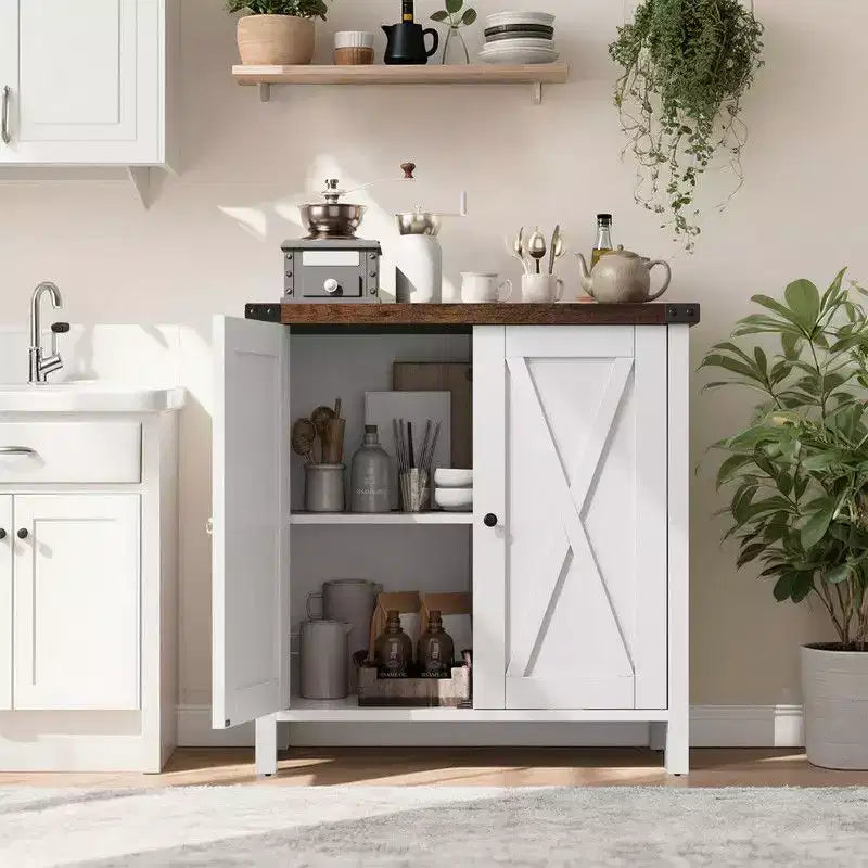 Farmhouse Sideboard Buffet Cabinet with 2 Doors and Adjustable Shelves - 15.7"x30"x31.5", White & Rustic Wood
