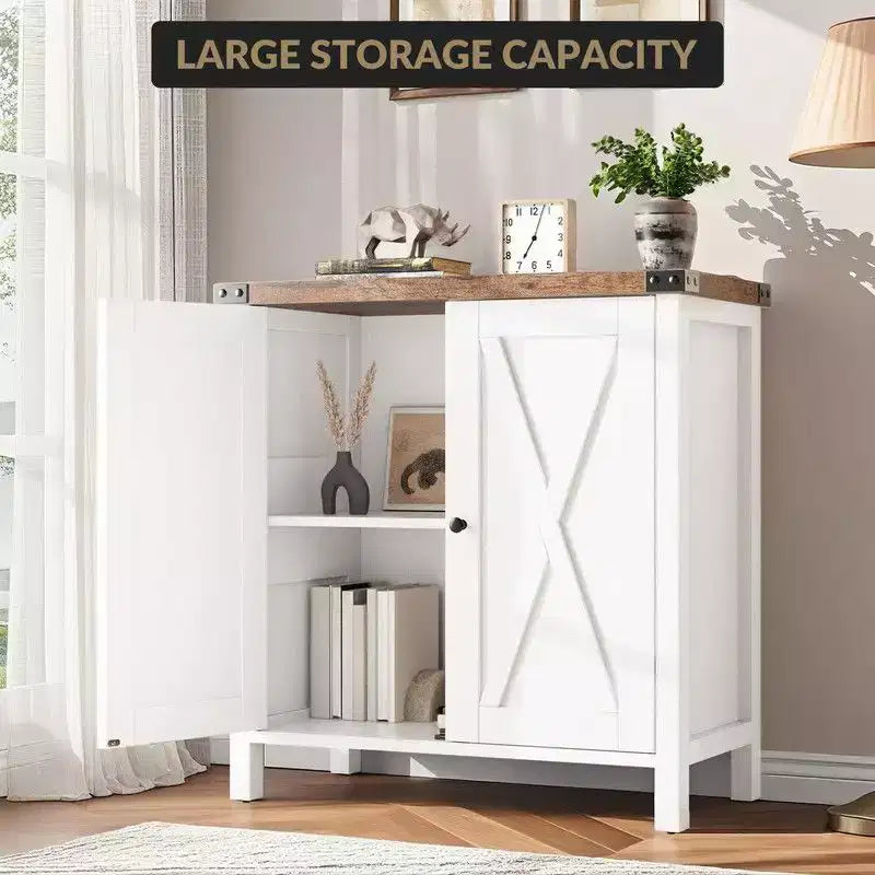 Farmhouse Sideboard Buffet Cabinet with 2 Doors and Adjustable Shelves - 15.7"x30"x31.5", White & Rustic Wood