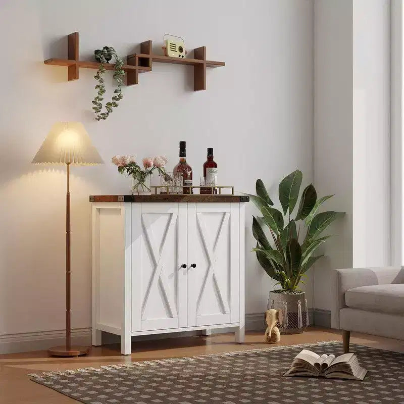 Farmhouse Sideboard Buffet Cabinet with 2 Doors and Adjustable Shelves - 15.7"x30"x31.5", White & Rustic Wood