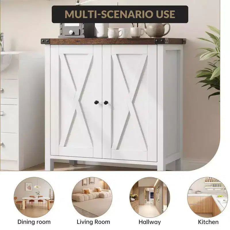 Farmhouse Sideboard Buffet Cabinet with 2 Doors and Adjustable Shelves - 15.7"x30"x31.5", White & Rustic Wood