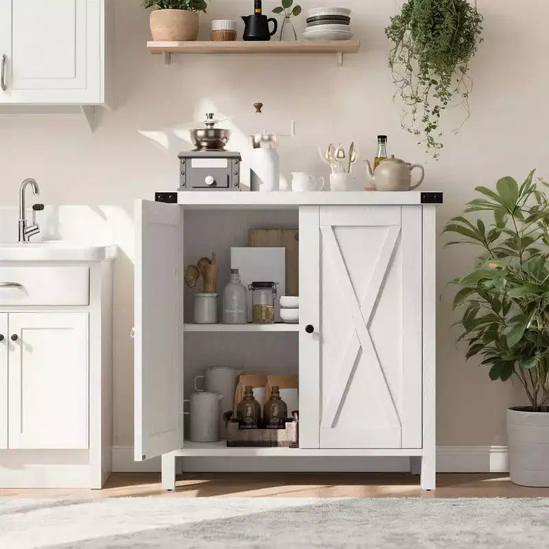 Farmhouse Sideboard Buffet Cabinet with 2 Doors and Adjustable Shelves - 15.7"x30"x31.5", White & Rustic Wood