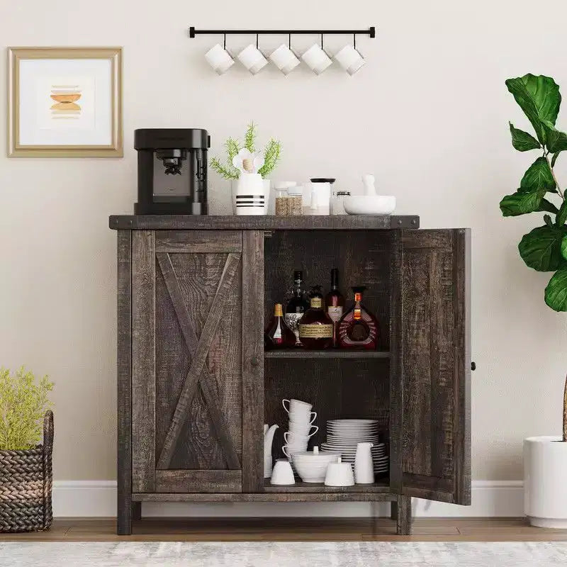 Farmhouse Sideboard Buffet Cabinet with 2 Doors and Adjustable Shelves - 15.7"x30"x31.5", White & Rustic Wood