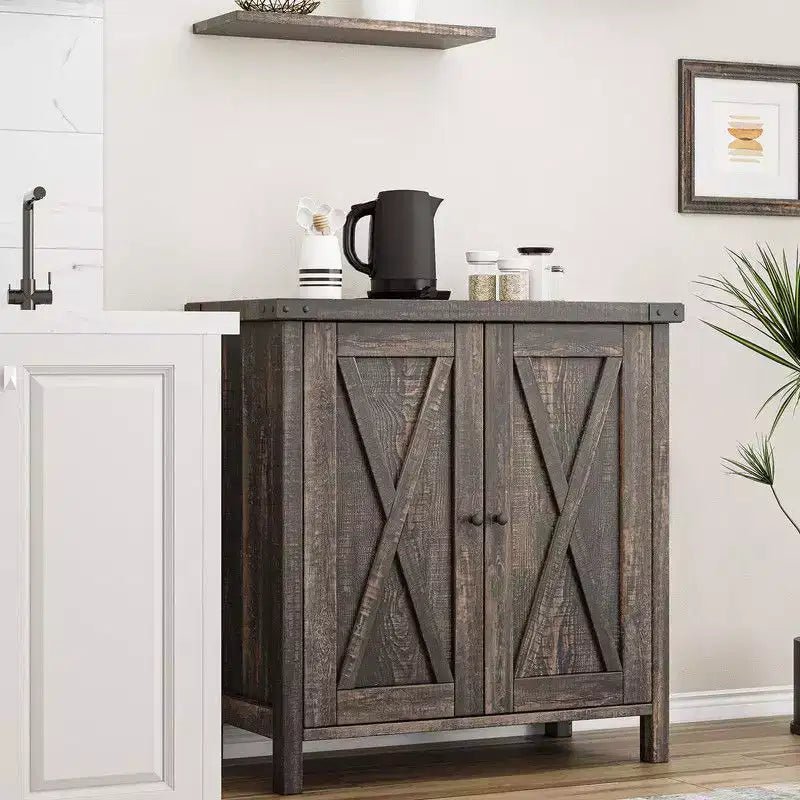 Farmhouse Sideboard Buffet Cabinet with 2 Doors and Adjustable Shelves - 15.7"x30"x31.5", White & Rustic Wood