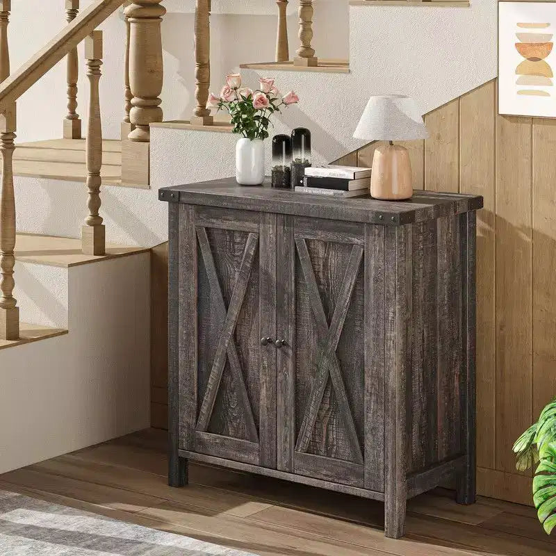 Farmhouse Sideboard Buffet Cabinet with 2 Doors and Adjustable Shelves - 15.7"x30"x31.5", White & Rustic Wood