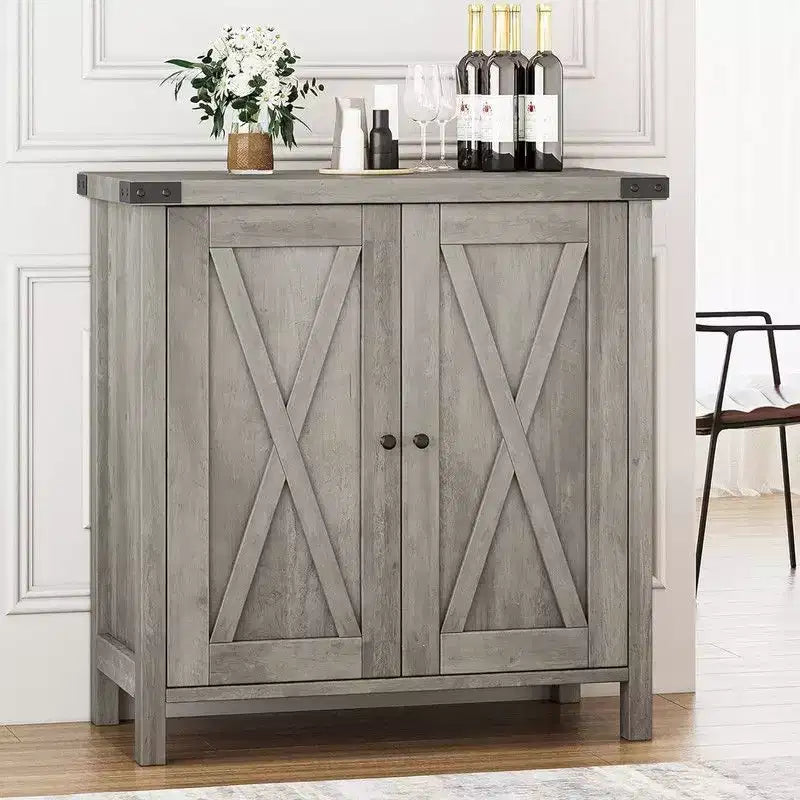 Farmhouse Sideboard Buffet Cabinet with 2 Doors and Adjustable Shelves - 15.7"x30"x31.5", White & Rustic Wood
