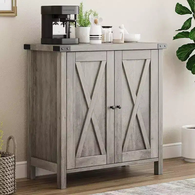 Farmhouse Sideboard Buffet Cabinet with 2 Doors and Adjustable Shelves - 15.7"x30"x31.5", White & Rustic Wood