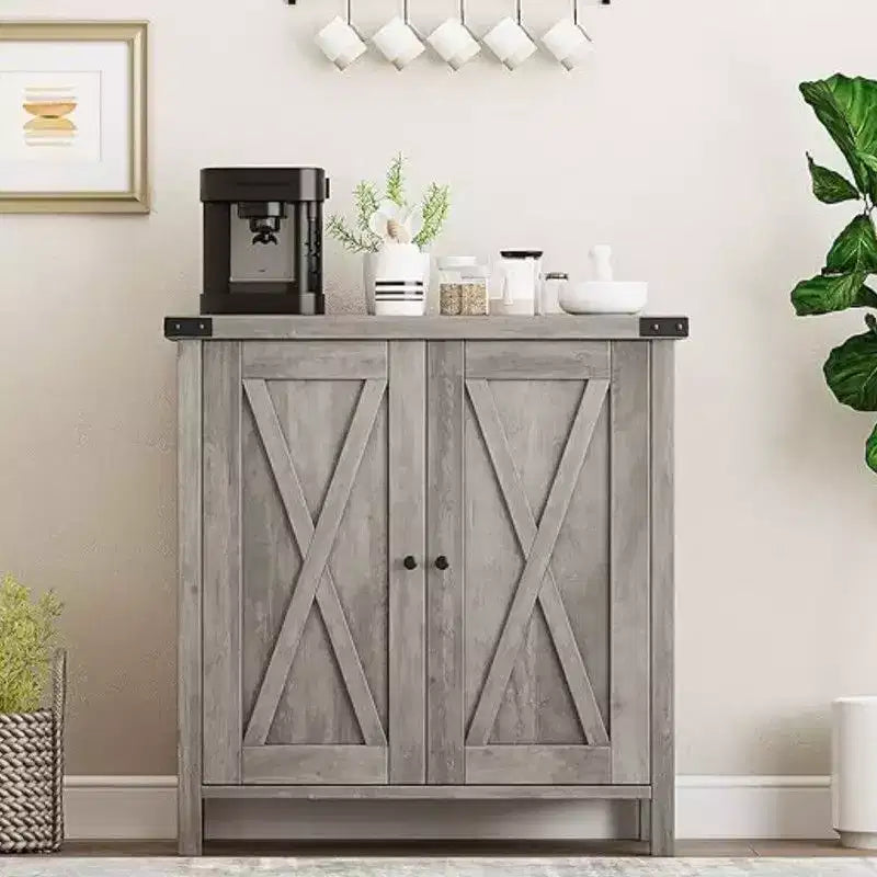 Farmhouse Sideboard Buffet Cabinet with 2 Doors and Adjustable Shelves - 15.7"x30"x31.5", White & Rustic Wood