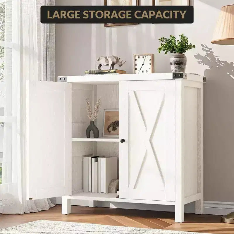 Farmhouse Sideboard Buffet Cabinet with 2 Doors and Adjustable Shelves - 15.7"x30"x31.5", White & Rustic Wood