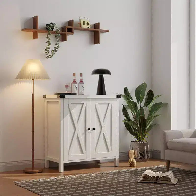 Farmhouse Sideboard Buffet Cabinet with 2 Doors and Adjustable Shelves - 15.7"x30"x31.5", White & Rustic Wood