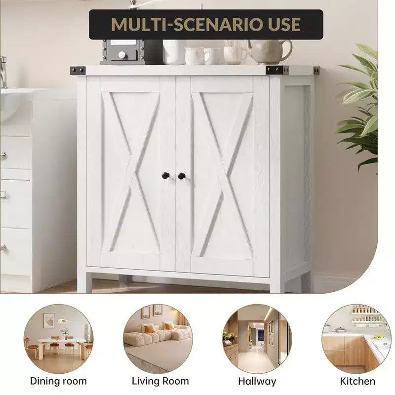 Farmhouse Sideboard Buffet Cabinet with 2 Doors and Adjustable Shelves - 15.7"x30"x31.5", White & Rustic Wood