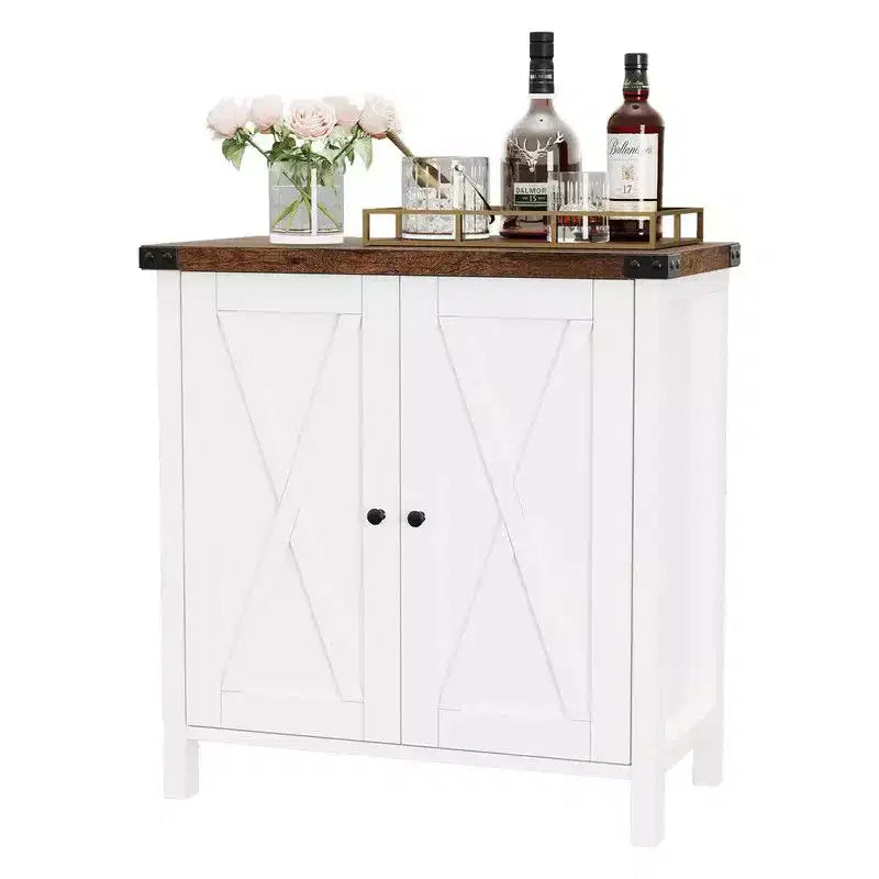 Farmhouse Sideboard Buffet Cabinet with 2 Doors and Adjustable Shelves - 15.7"x30"x31.5", White & Rustic Wood