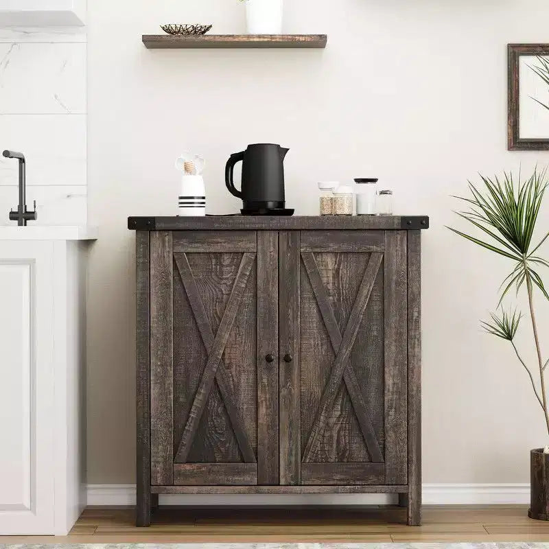 Farmhouse Sideboard Buffet Cabinet with 2 Doors and Adjustable Shelves - 15.7"x30"x31.5", White & Rustic Wood