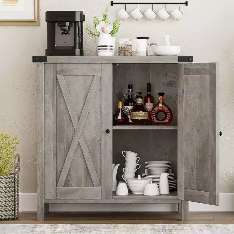 Farmhouse Sideboard Buffet Cabinet with 2 Doors and Adjustable Shelves - 15.7"x30"x31.5", White & Rustic Wood