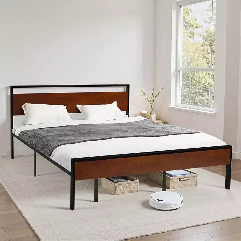 King Size Metal Platform Bed Frame with Vintage Wood Headboard & Footboard - 14" Height, 1000 lb Capacity, Brown