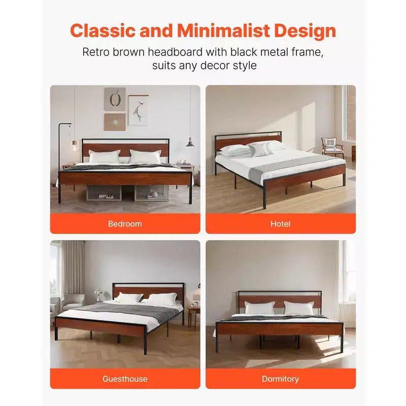 King Size Metal Platform Bed Frame with Vintage Wood Headboard & Footboard - 14" Height, 1000 lb Capacity, Brown