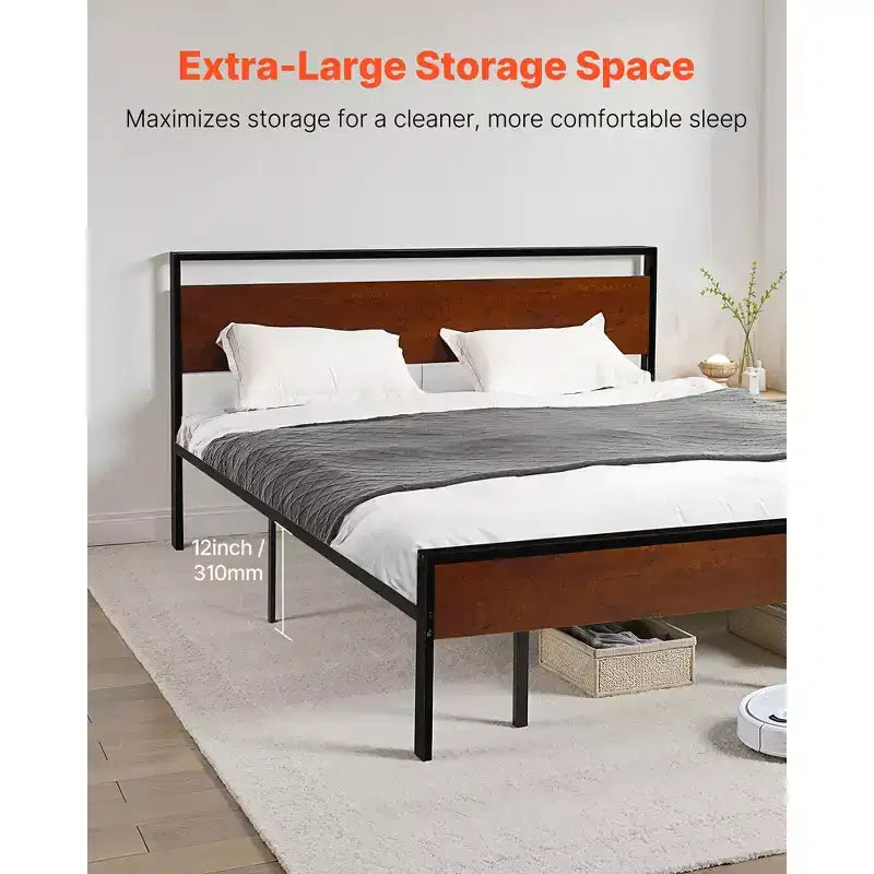 King Size Metal Platform Bed Frame with Vintage Wood Headboard & Footboard - 14" Height, 1000 lb Capacity, Brown
