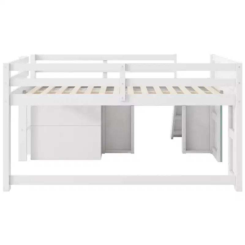 Full Size Low Loft Bed with Slide and 3 Storage Drawers - Pine & MDF, White, 500 lb Capacity