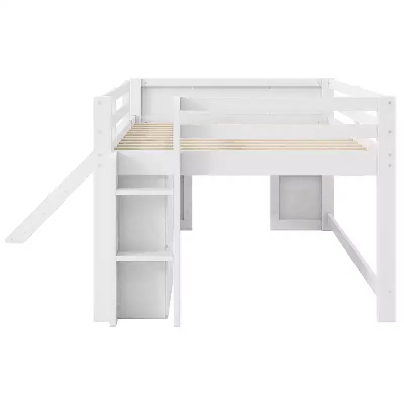 Full Size Low Loft Bed with Slide and 3 Storage Drawers - Pine & MDF, White, 500 lb Capacity