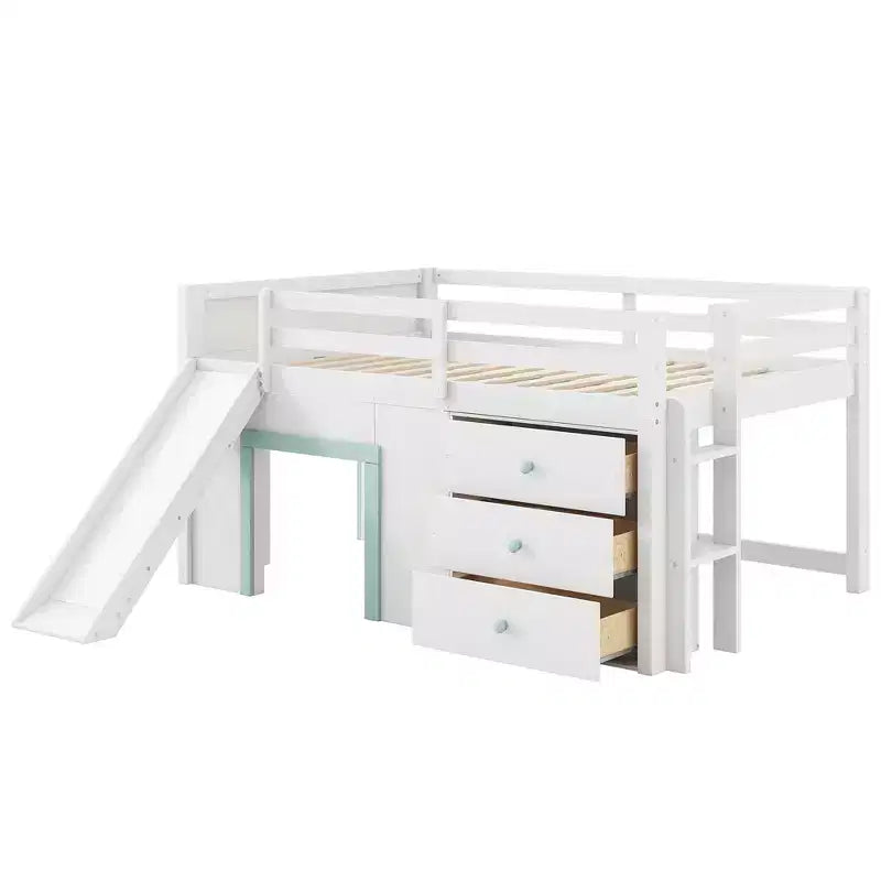 Full Size Low Loft Bed with Slide and 3 Storage Drawers - Pine & MDF, White, 500 lb Capacity