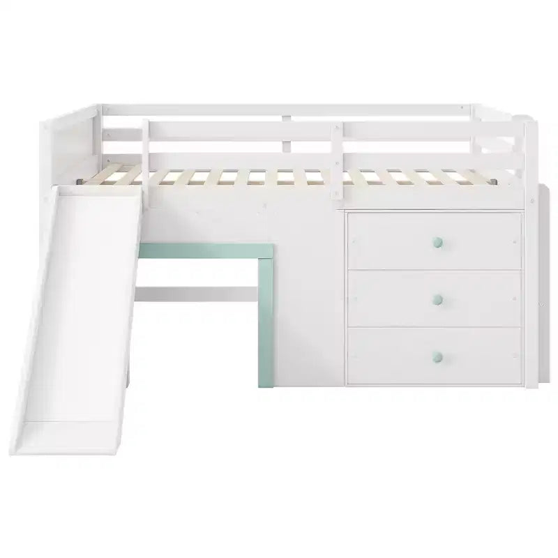 Full Size Low Loft Bed with Slide and 3 Storage Drawers - Pine & MDF, White, 500 lb Capacity
