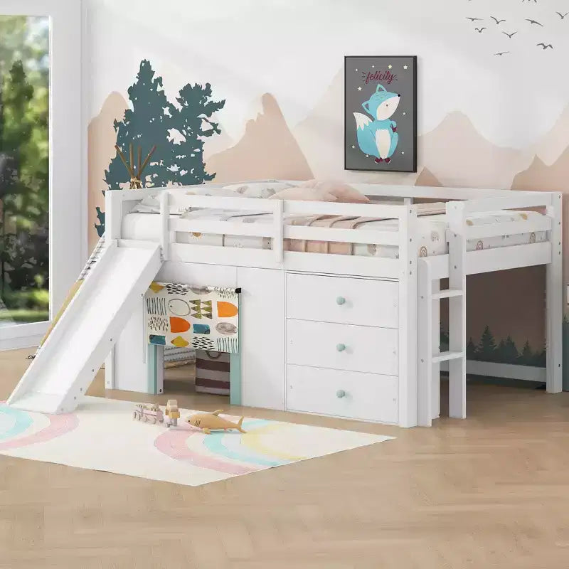 Full Size Low Loft Bed with Slide and 3 Storage Drawers - Pine & MDF, White, 500 lb Capacity