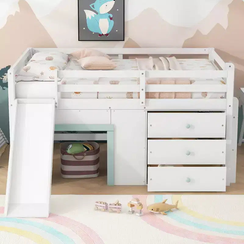 Full Size Low Loft Bed with Slide and 3 Storage Drawers - Pine & MDF, White, 500 lb Capacity
