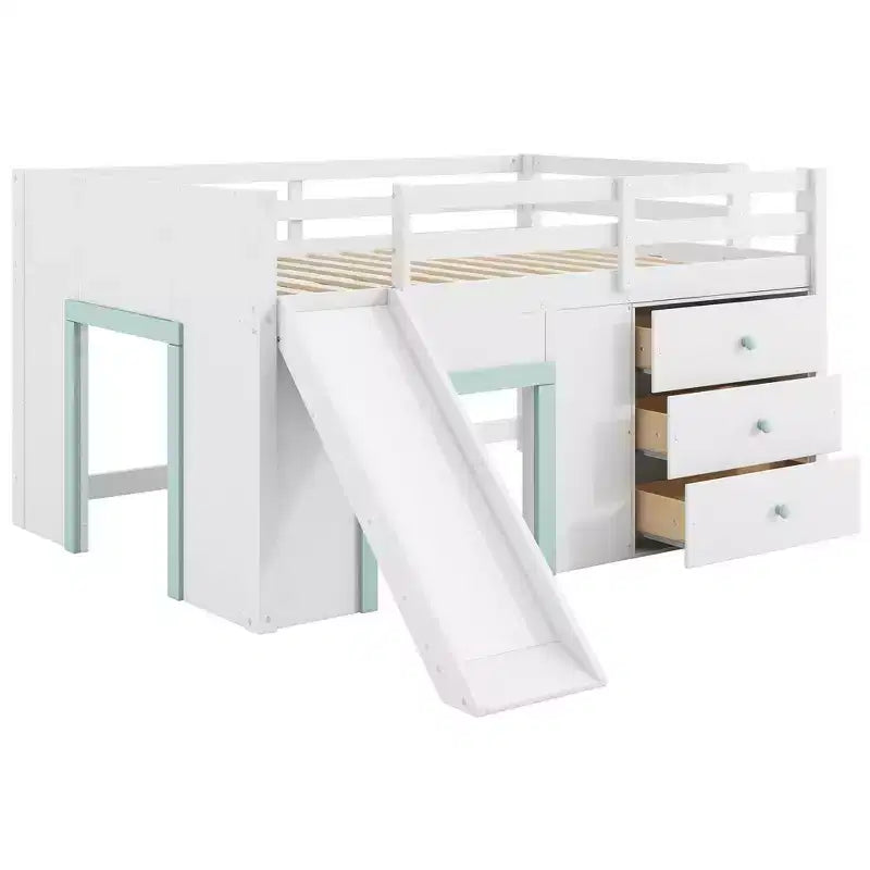 Full Size Low Loft Bed with Slide and 3 Storage Drawers - Pine & MDF, White, 500 lb Capacity