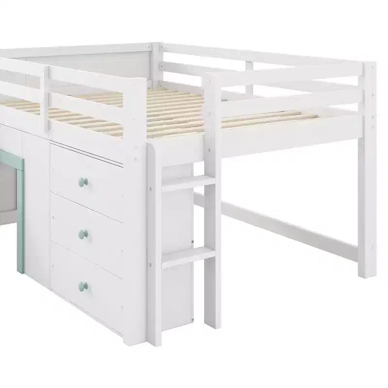 Full Size Low Loft Bed with Slide and 3 Storage Drawers - Pine & MDF, White, 500 lb Capacity