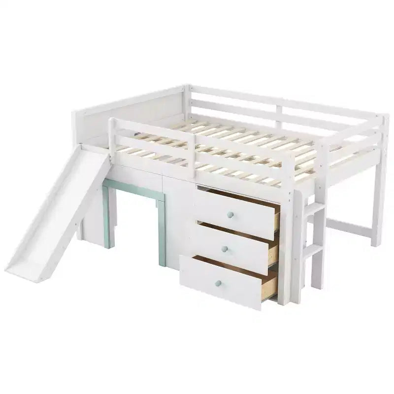 Full Size Low Loft Bed with Slide and 3 Storage Drawers - Pine & MDF, White, 500 lb Capacity