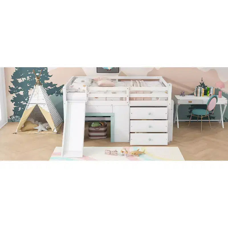 Full Size Low Loft Bed with Slide and 3 Storage Drawers - Pine & MDF, White, 500 lb Capacity
