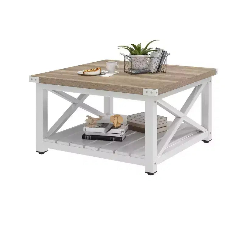 Square Farmhouse Coffee Table with Bottom Shelf - Wood, Grey Wash, 31.5"x31.5"x17.7", 176 lb Capacity