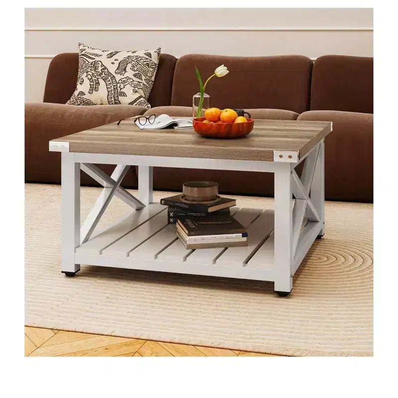 Square Farmhouse Coffee Table with Bottom Shelf - Wood, Grey Wash, 31.5"x31.5"x17.7", 176 lb Capacity