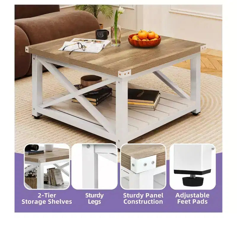 Square Farmhouse Coffee Table with Bottom Shelf - Wood, Grey Wash, 31.5"x31.5"x17.7", 176 lb Capacity