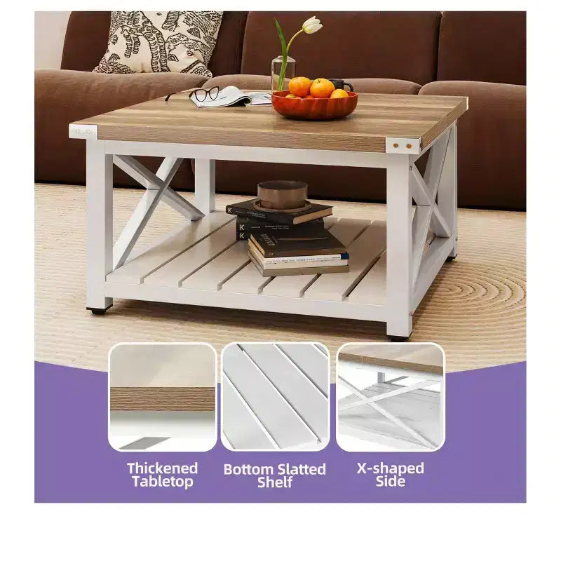 Square Farmhouse Coffee Table with Bottom Shelf - Wood, Grey Wash, 31.5"x31.5"x17.7", 176 lb Capacity