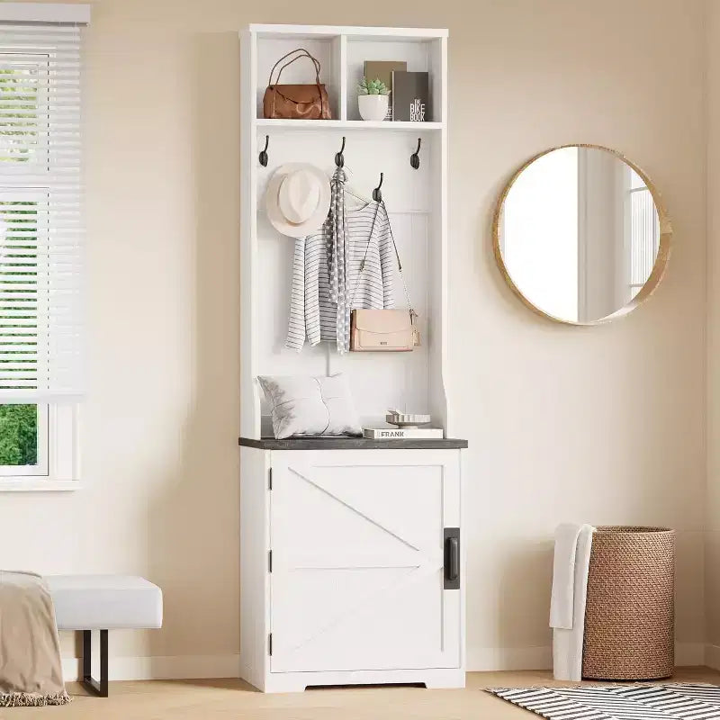 Farmhouse Narrow Hall Tree with Bench - 23.6" Wide, 5 Hooks, 2 Cubbies & Barn Door Cabinet, Entryway Coat Rack