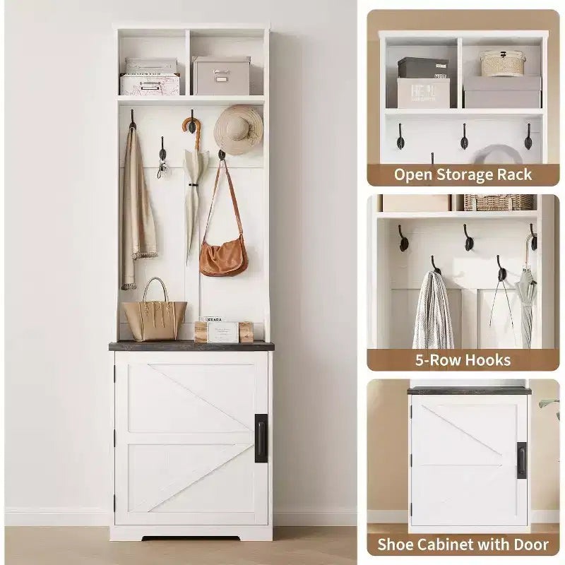 Farmhouse Narrow Hall Tree with Bench - 23.6" Wide, 5 Hooks, 2 Cubbies & Barn Door Cabinet, Entryway Coat Rack