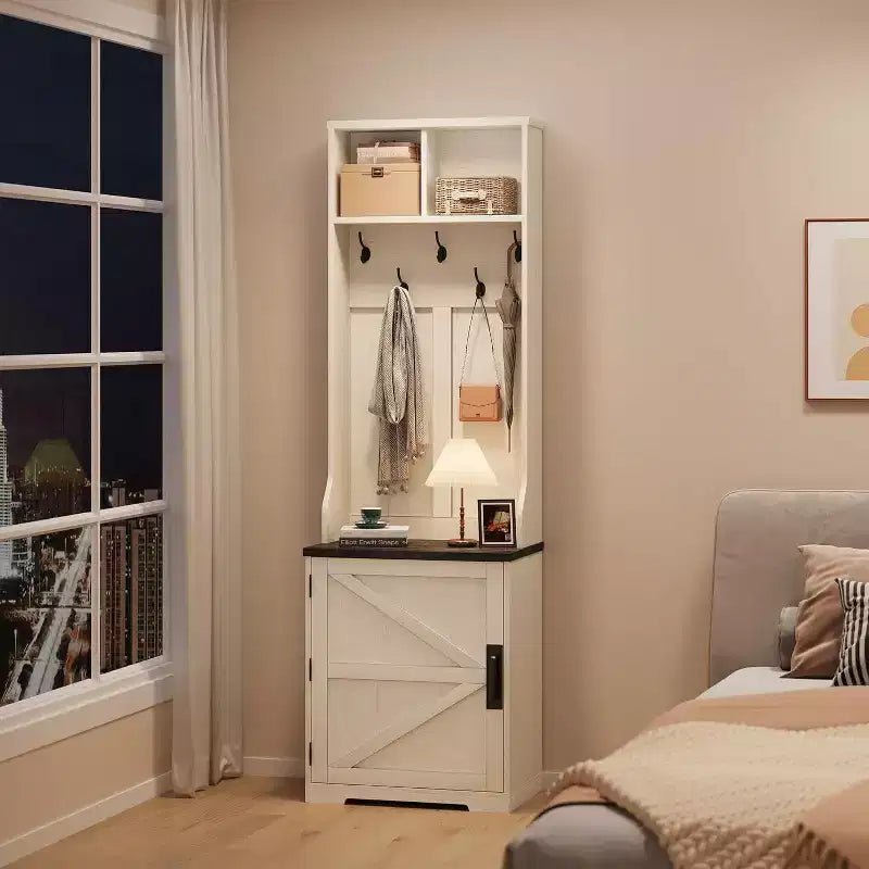 Farmhouse Narrow Hall Tree with Bench - 23.6" Wide, 5 Hooks, 2 Cubbies & Barn Door Cabinet, Entryway Coat Rack