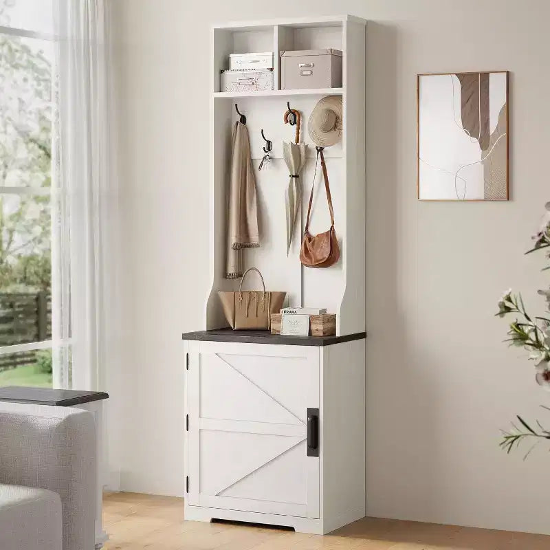 Farmhouse Narrow Hall Tree with Bench - 23.6" Wide, 5 Hooks, 2 Cubbies & Barn Door Cabinet, Entryway Coat Rack