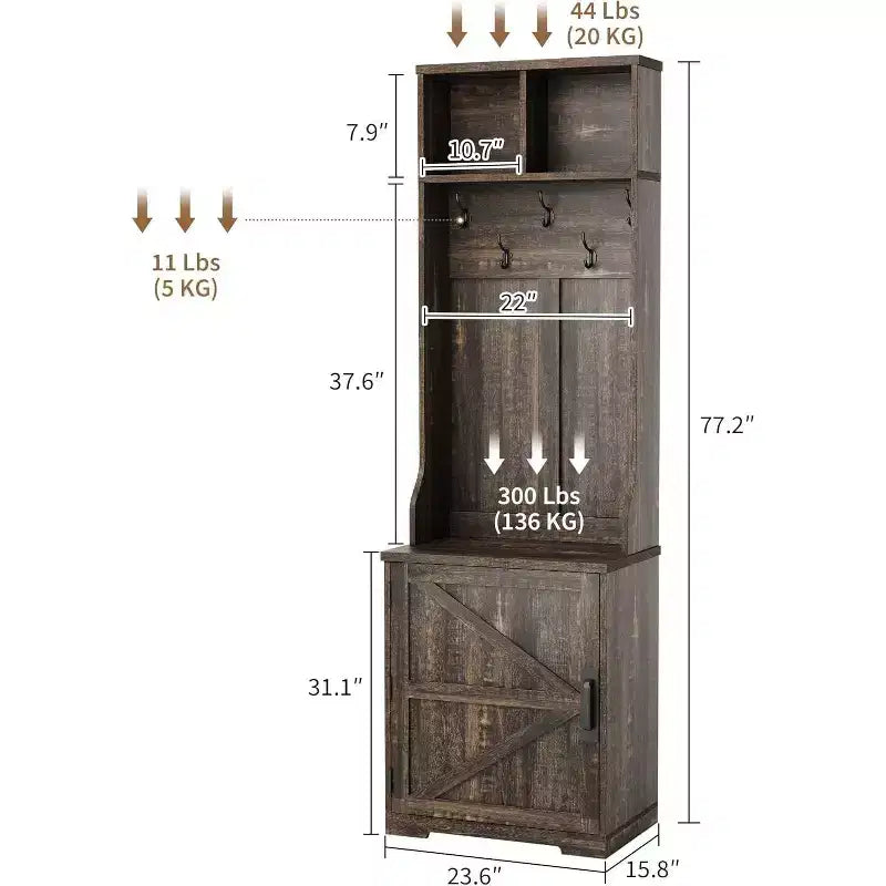Farmhouse Narrow Hall Tree with Bench - 23.6" Wide, 5 Hooks, 2 Cubbies & Barn Door Cabinet, Entryway Coat Rack