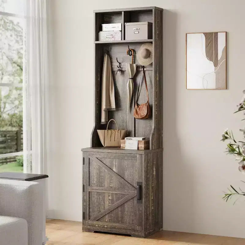 Farmhouse Narrow Hall Tree with Bench - 23.6" Wide, 5 Hooks, 2 Cubbies & Barn Door Cabinet, Entryway Coat Rack