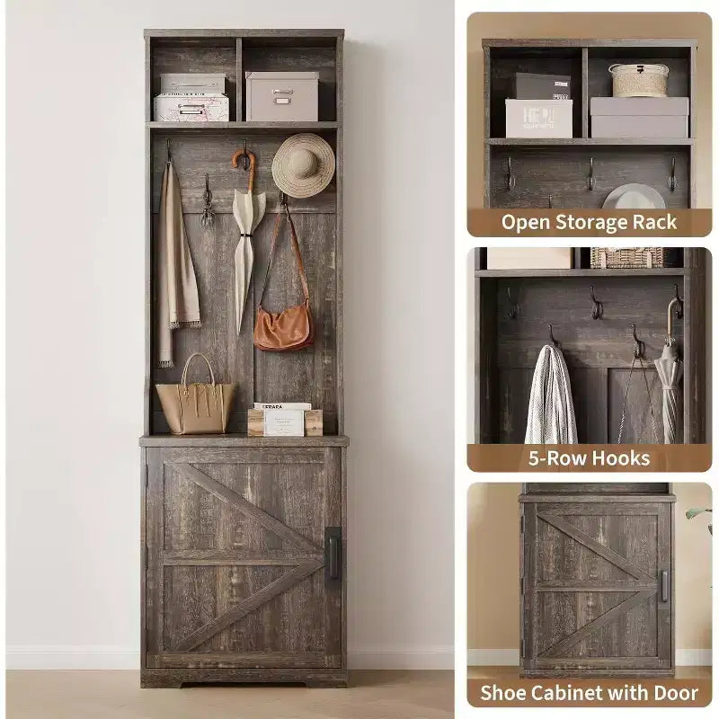 Farmhouse Narrow Hall Tree with Bench - 23.6" Wide, 5 Hooks, 2 Cubbies & Barn Door Cabinet, Entryway Coat Rack