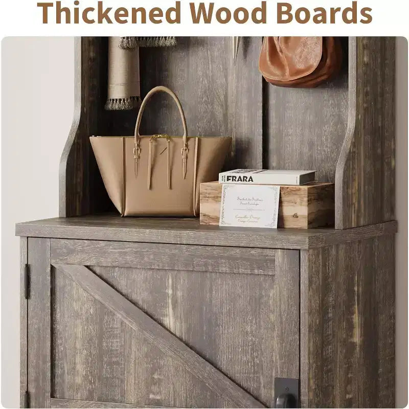 Farmhouse Narrow Hall Tree with Bench - 23.6" Wide, 5 Hooks, 2 Cubbies & Barn Door Cabinet, Entryway Coat Rack