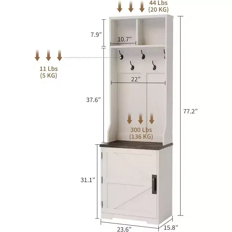 Farmhouse Narrow Hall Tree with Bench - 23.6" Wide, 5 Hooks, 2 Cubbies & Barn Door Cabinet, Entryway Coat Rack