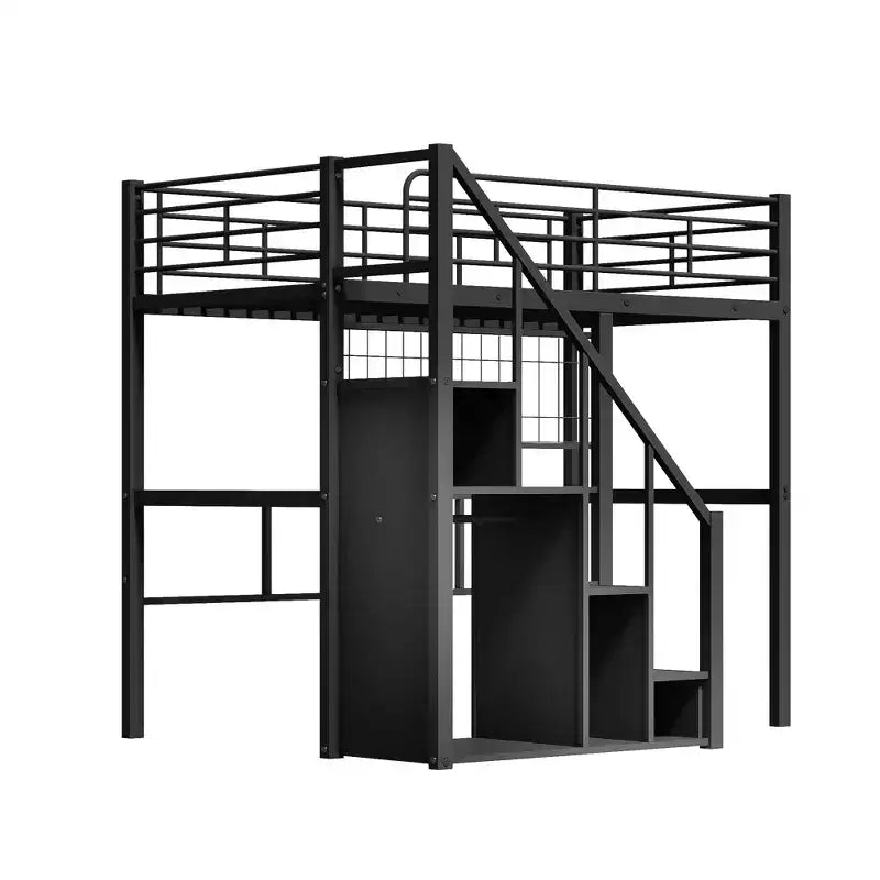 Twin Size Metal Loft Bed with Stairs and Built-In Wardrobe - Decorative Mesh, 250 lb Capacity