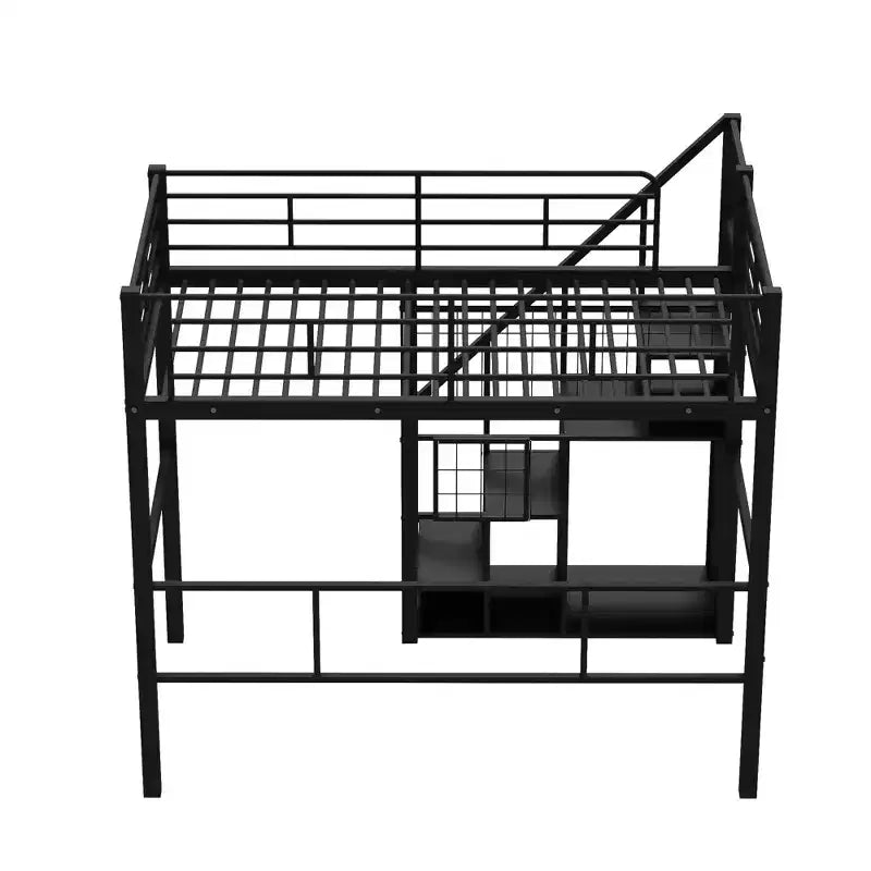 Twin Size Metal Loft Bed with Stairs and Built-In Wardrobe - Decorative Mesh, 250 lb Capacity