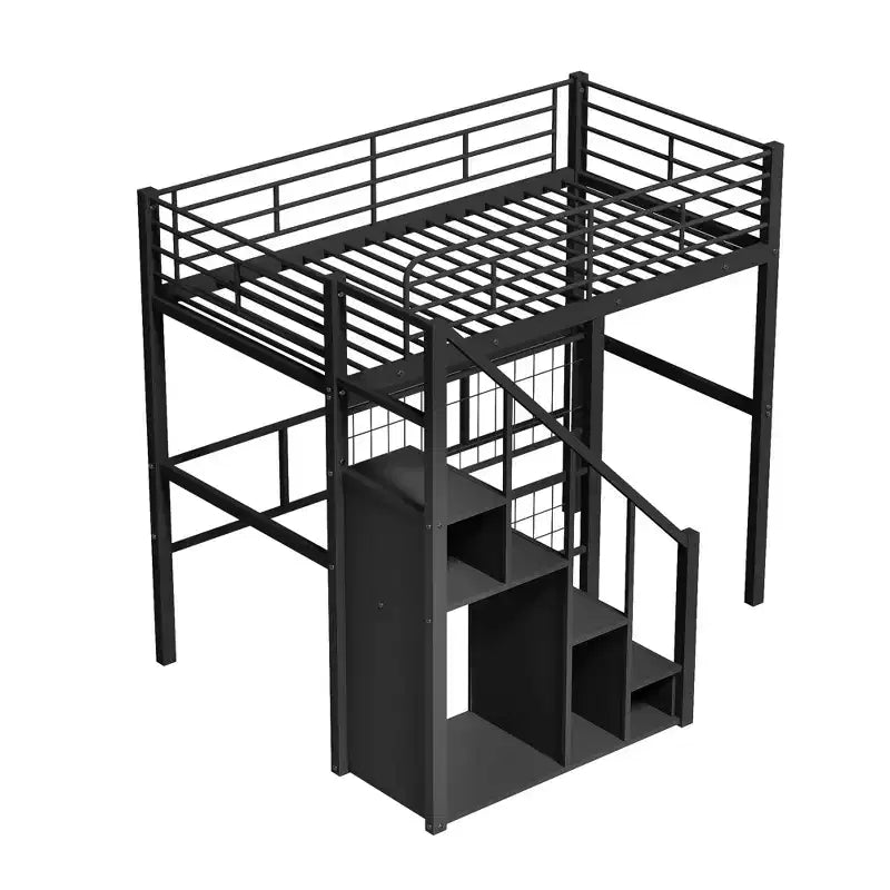 Twin Size Metal Loft Bed with Stairs and Built-In Wardrobe - Decorative Mesh, 250 lb Capacity