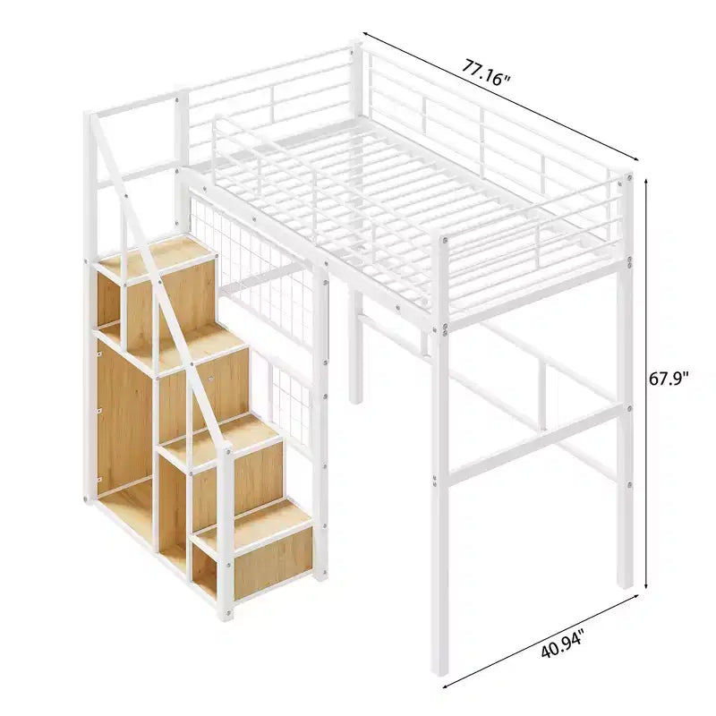 Twin Size Metal Loft Bed with Stairs and Built-In Wardrobe - Decorative Mesh, 250 lb Capacity