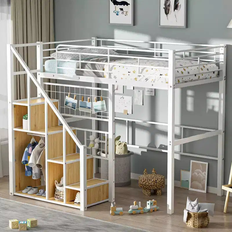 Twin Size Metal Loft Bed with Stairs and Built-In Wardrobe - Decorative Mesh, 250 lb Capacity