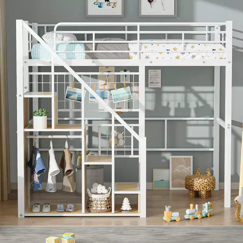 Twin Size Metal Loft Bed with Stairs and Built-In Wardrobe - Decorative Mesh, 250 lb Capacity